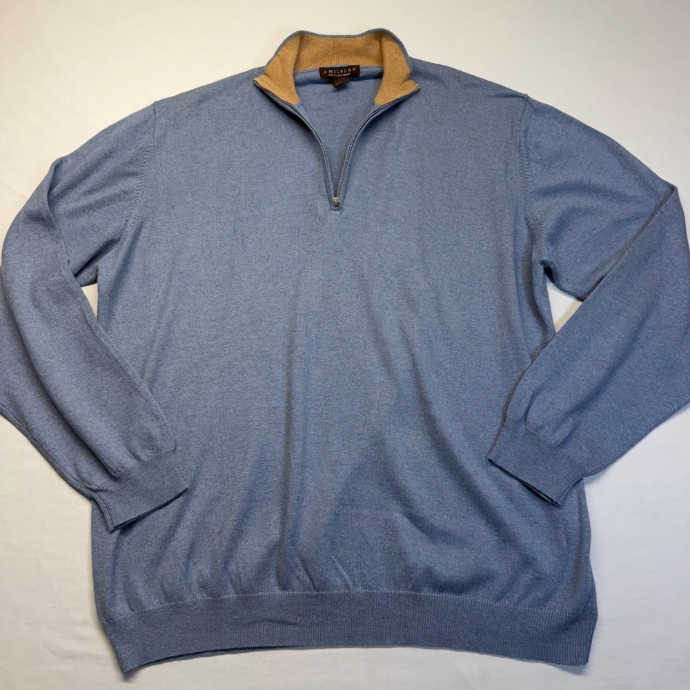 J. Hilburn Sweater Quarter Zip XL Blue Cotton Silk Cashmere Mens Luxury Pullover